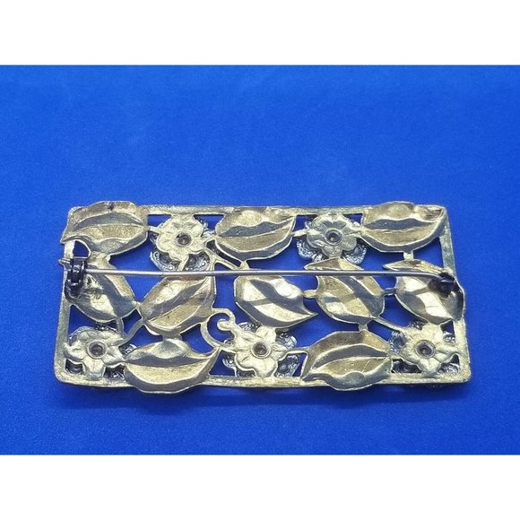 Vintage Rectangle Open Flowers Leaves Rhinestone Gold and Silver Tone Brooch Pin - Picture 3 of 5